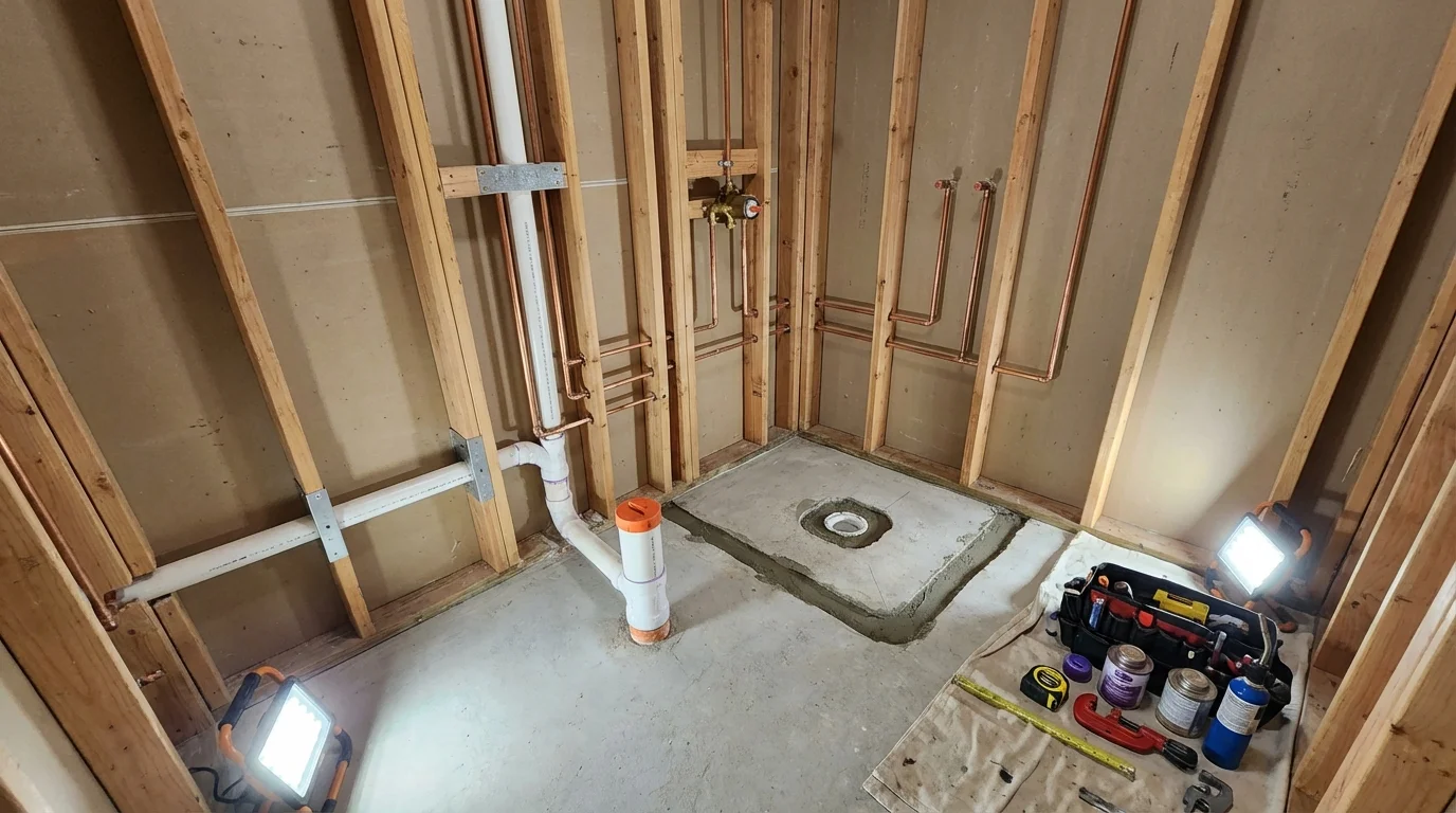 Bathroom rough-in plumbing during remodel by Johns Plumbing LLC in Brownville
