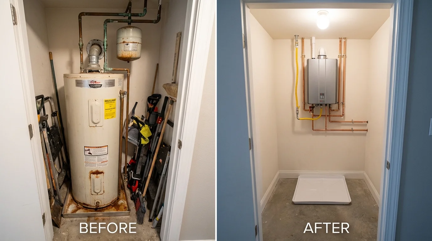 Tank water heater versus wall-mounted tankless unit comparison for Brownville, NY homeowners