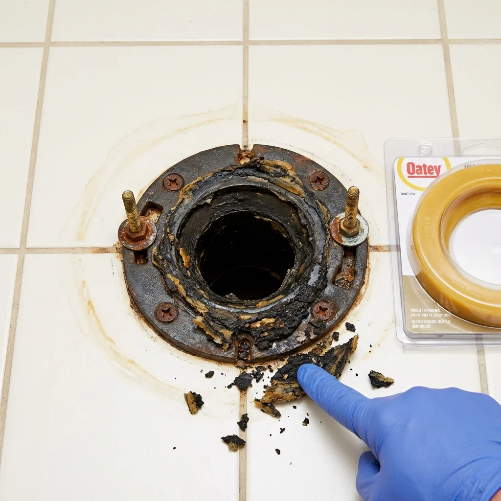 Failed wax ring showing water seepage at the base of a toilet in a Brownville, NY home