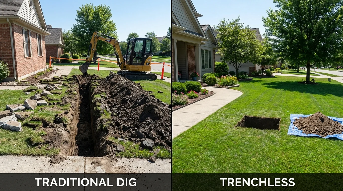 Trenchless sewer repair with minimal yard damage versus traditional excavation in Brownville, NY