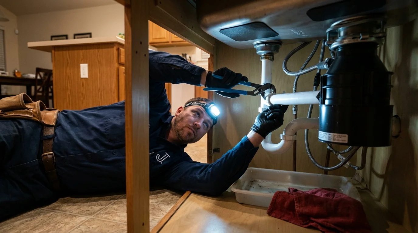 P-trap and supply line connections under a kitchen sink showing a common leak point in Brownville, NY